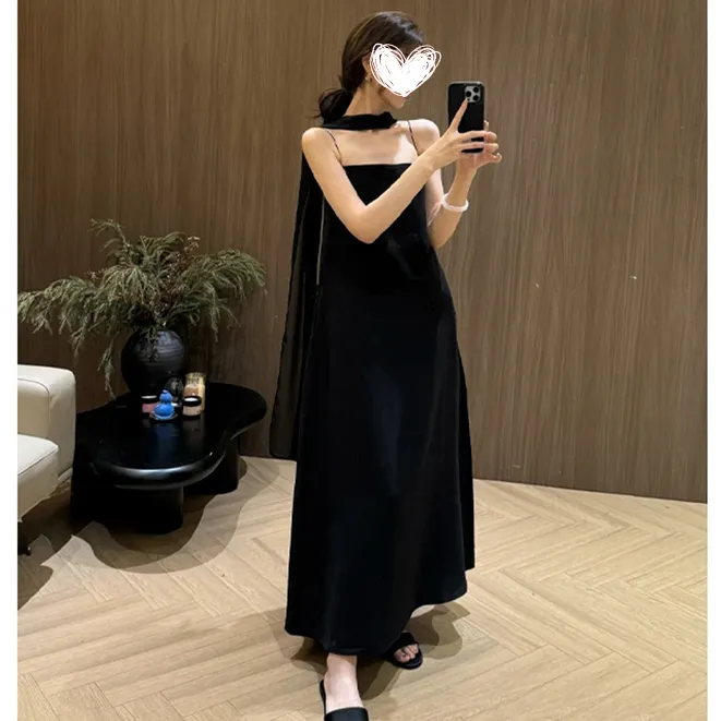  醋酸配飘带抹胸吊带连衣裙夏季法式原宿风简约长裙女