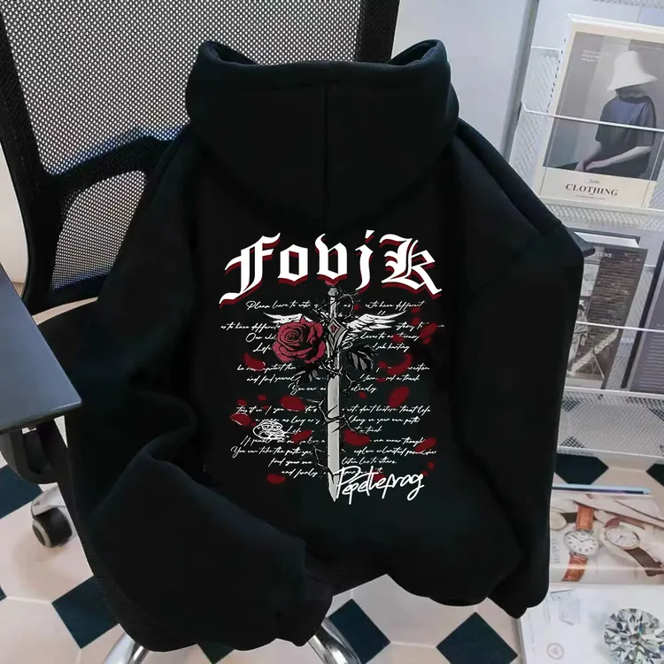 重磅加绒加厚连帽卫衣美式新款玫瑰宝剑潮牌秋冬长袖男女宽松外套