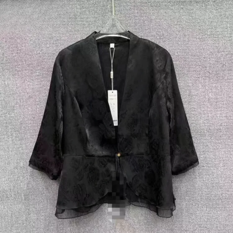 新中式国风秋季新款重工提花盘扣一粒扣七分袖薄款开衫小西装外套