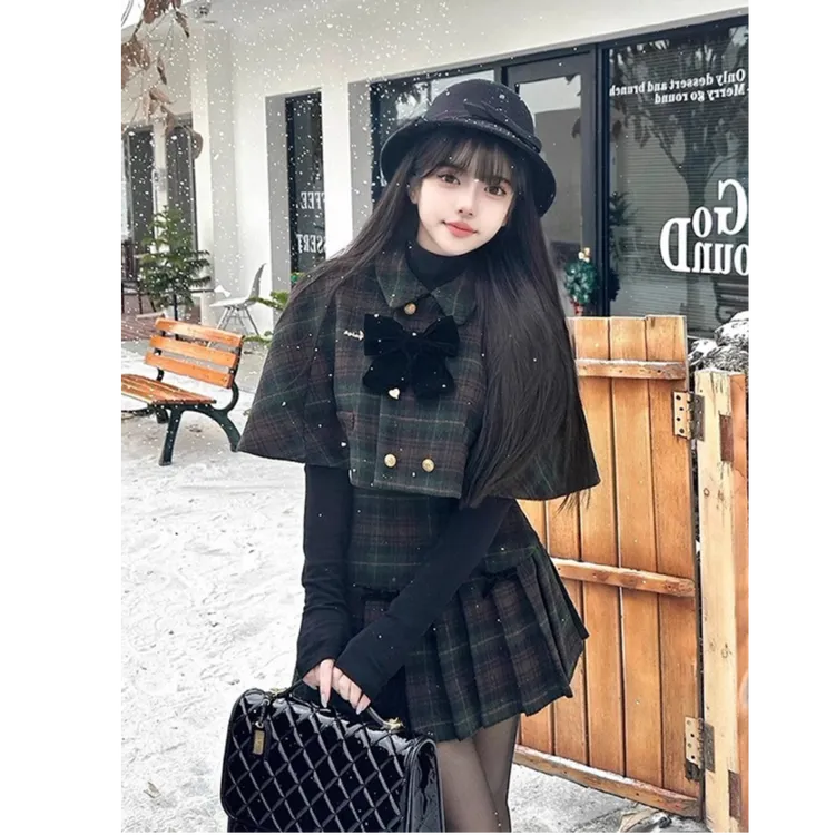 秋冬季学院风甜美毛呢斗篷披肩格纹百褶半身裙子千金感套装女