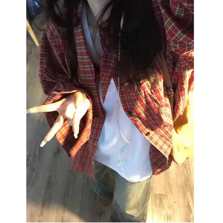 美式复古红色格子长袖衬衫女2025秋季上衣小个子慵懒风格纹外套