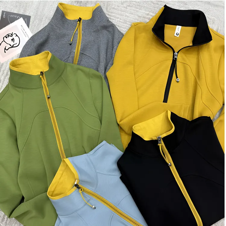 2025春季新品时尚百搭修身显瘦运动纯色拉链打底女士长袖上衣7843