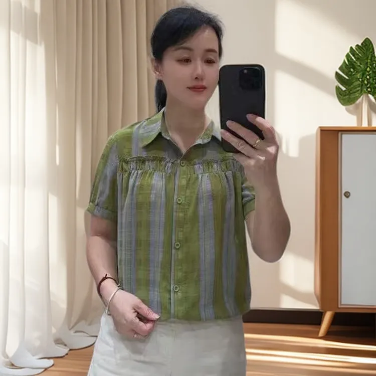 826复古条纹polo领短袖雪纺衬衫女夏季2025新款港风气质百搭上衣