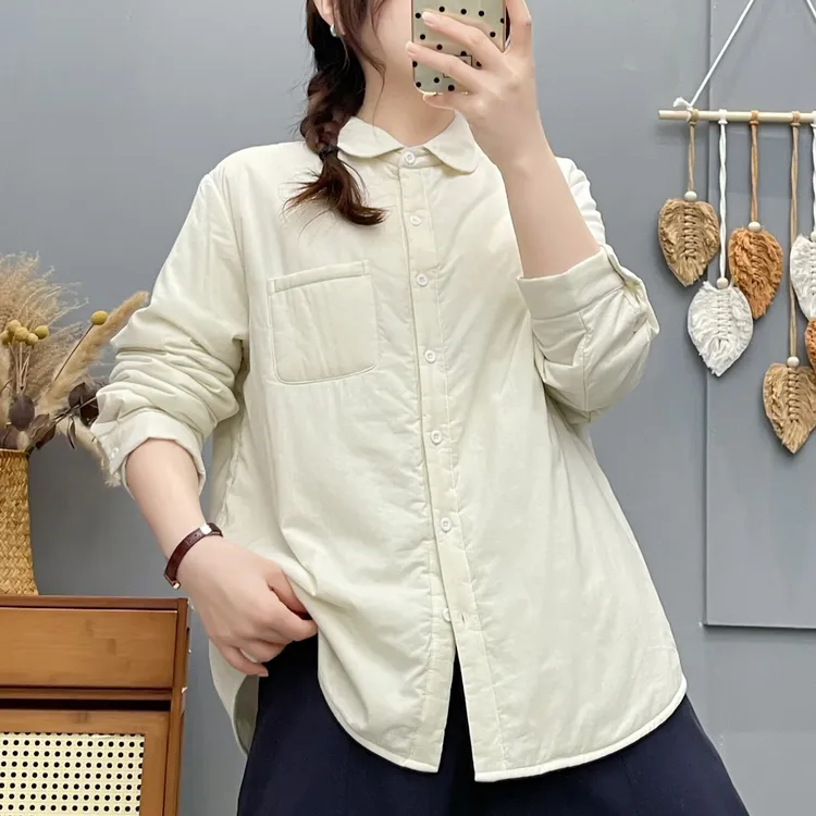 加厚夹棉衬衫女秋冬季保暖上衣日系文艺元宝领显瘦百搭衬衣外套