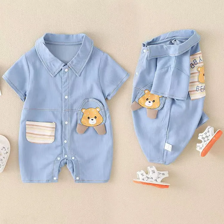 夏季新款翻领拼接后背小熊时尚舒适男女宝宝婴幼儿洋气连体哈衣