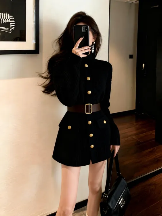 法式江浙沪千金穿搭黑色高领毛衣气质款显瘦连衣裙女2025新款秋冬