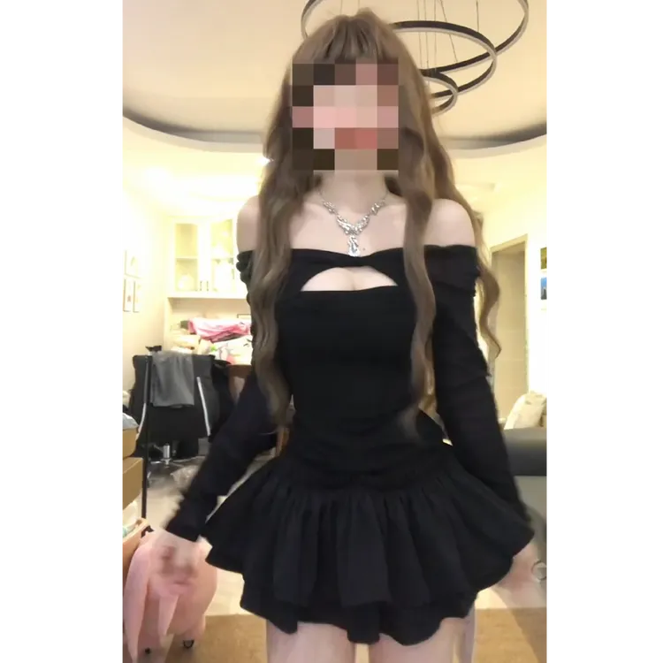 辣妹一字肩打底衫秋冬内搭T恤小众低领露肩上衣蓬蓬蛋糕短裙套装