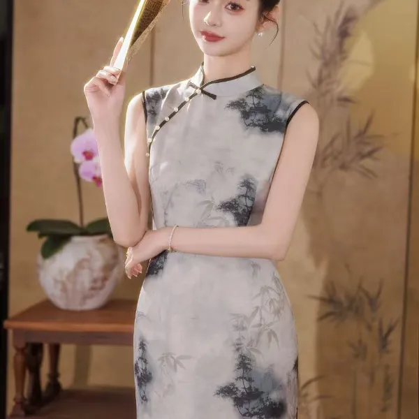 【0011澜梦】白底墨花修身双层旗袍长约130cmS-3XL