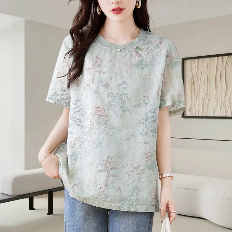 新中式刺绣雪纺短袖t恤女2025夏季新款大码宽松显瘦时尚休闲上衣