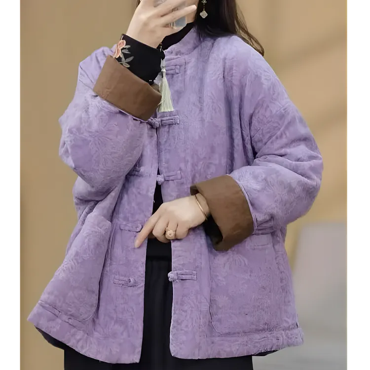 新中式复古盘扣亚麻炒色提花夹棉拜年棉服老钱风松弛感女装贵气
