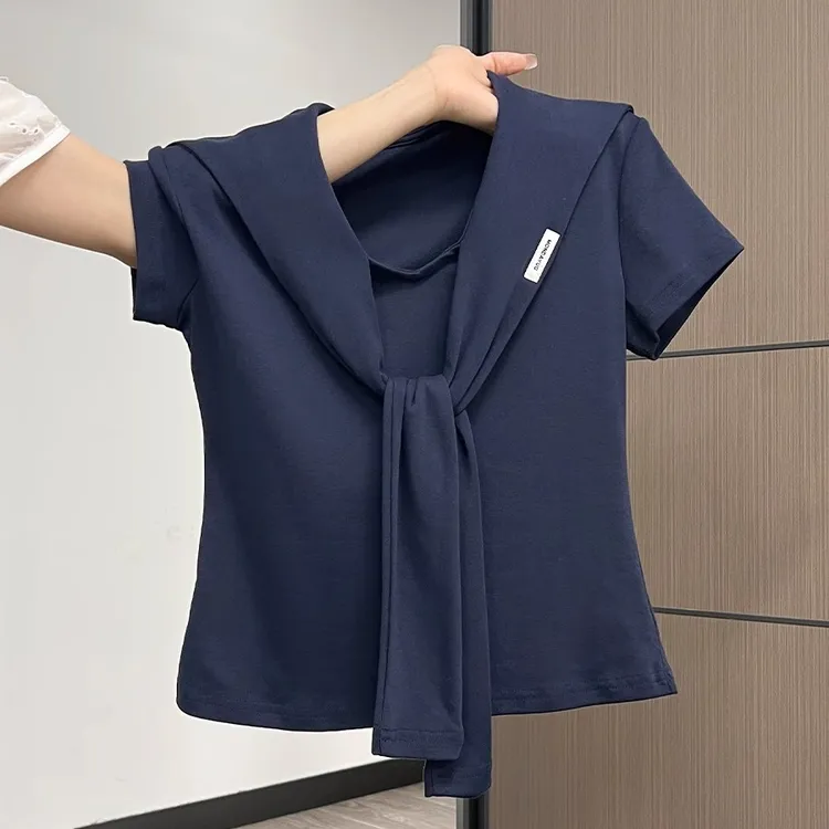 藏蓝色大码正肩短袖T恤女2025夏季披肩海军领设计感修身显瘦上衣 