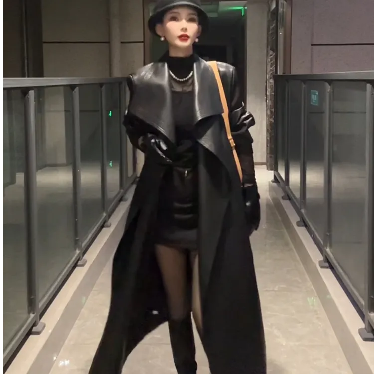 ZAOZAO长款大翻领加绒皮风衣外套2025冬季新品女装显瘦气质长外套