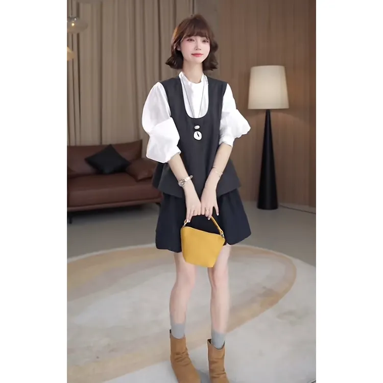 秋季小个子一整套女装2025新款百搭衬衫背心马甲减龄花苞裙三件套