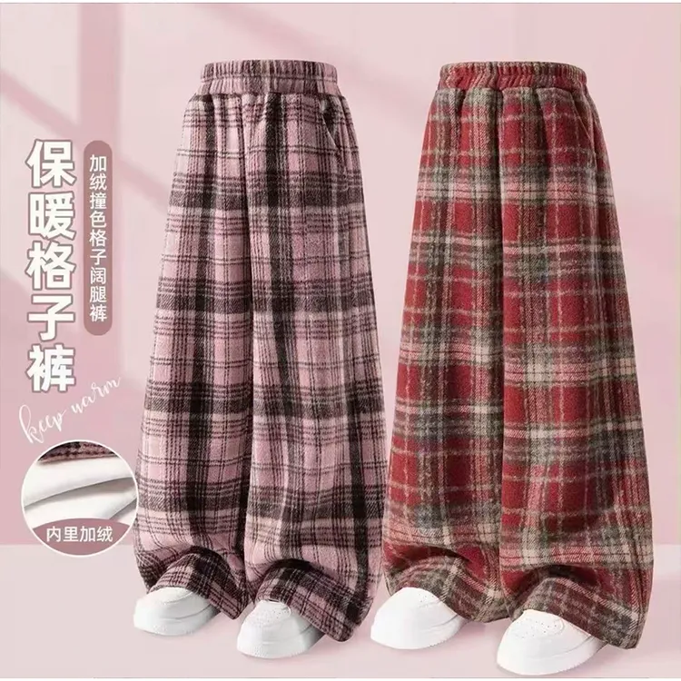 新款童装女童冬季加绒裤20265新款格子复古风休闲裤加厚裤子时尚
