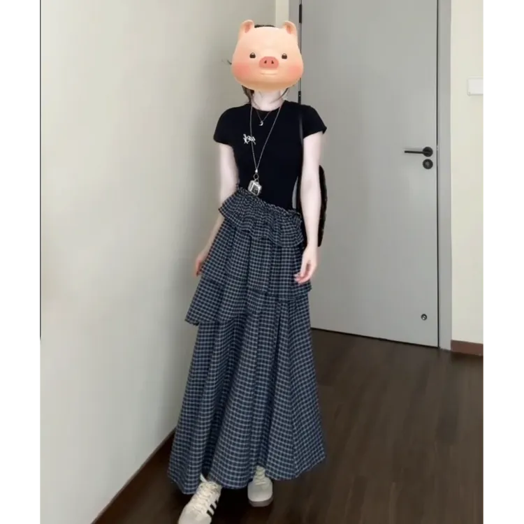 大码女装时尚设计感t恤拼接假两件裙子韩版夏季宽松显瘦连衣裙