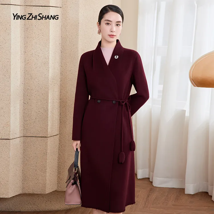 赢智尚2025冬新款安克拉酒红色高贵优雅长款绵羊毛大衣女ZL00361