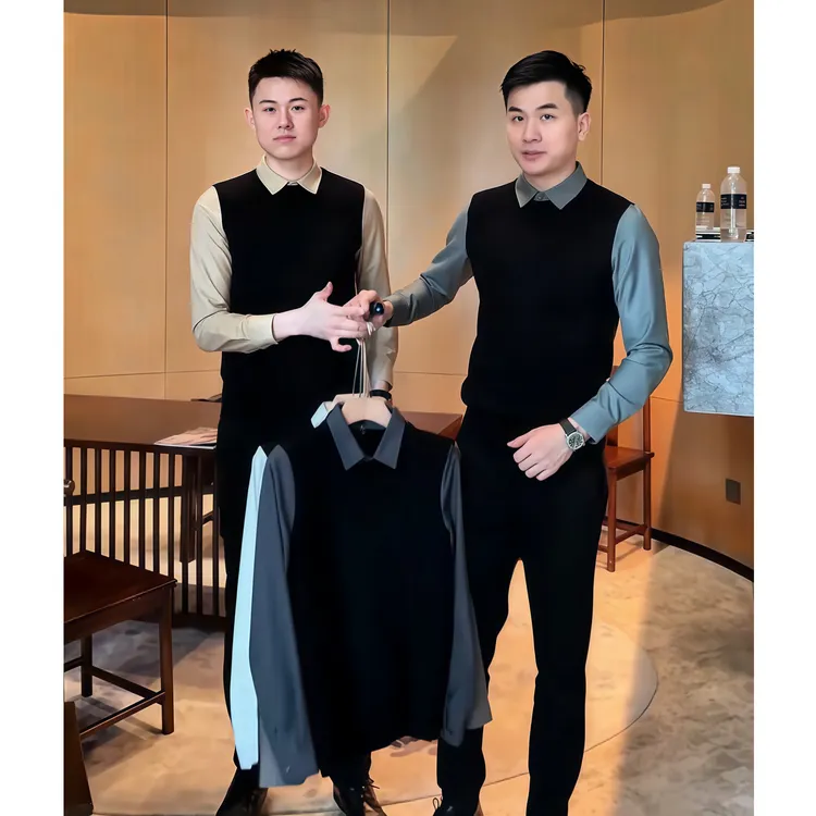 轻奢高级感假两件针织衫男秋冬季韩版商务修身衬衫拼接毛衣打底衫