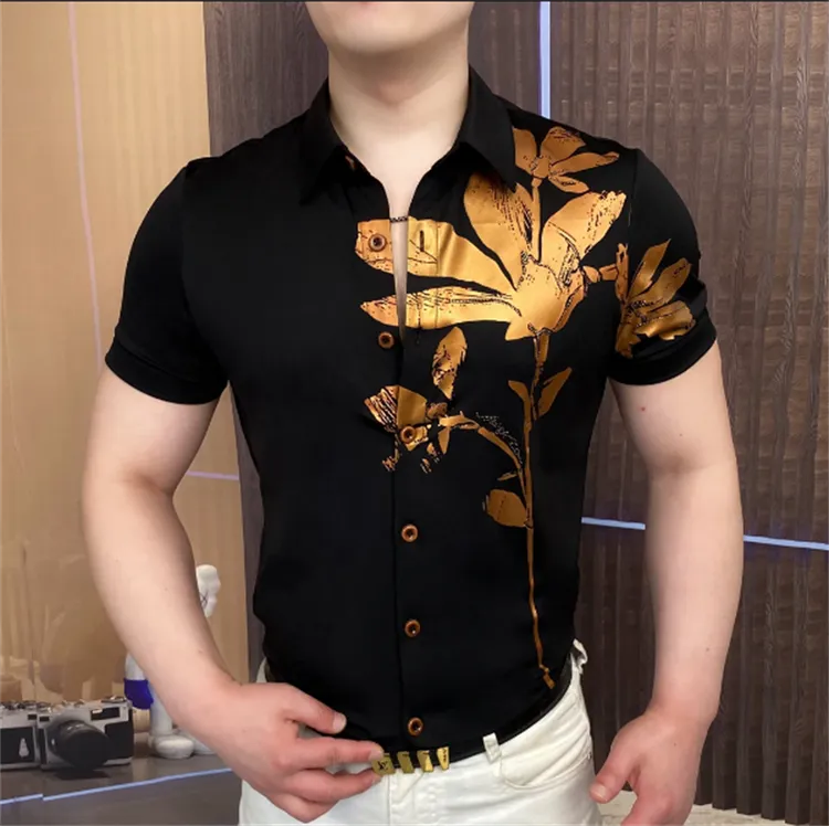 《一枝金花》2025夏衬衫时尚潮流个性男士休闲百搭修身翻领帅气商务