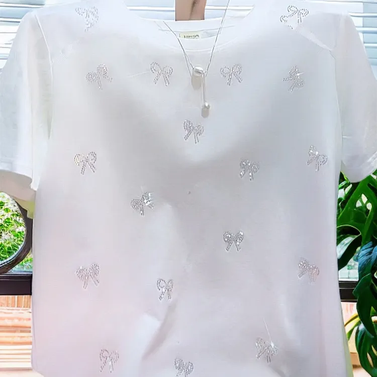 2025夏季新款重工烫钻短袖T恤女时尚百搭宽松洋气白色上衣打底衫
