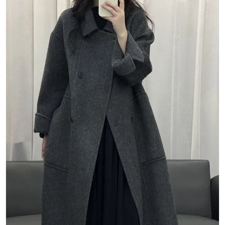 2025秋冬新款高级黑色双面羊绒大衣女长款气质宽松过膝羊毛呢外套