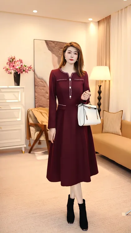 冬季休闲风保暖复古港风连衣裙修身长袖结尚气质 86091