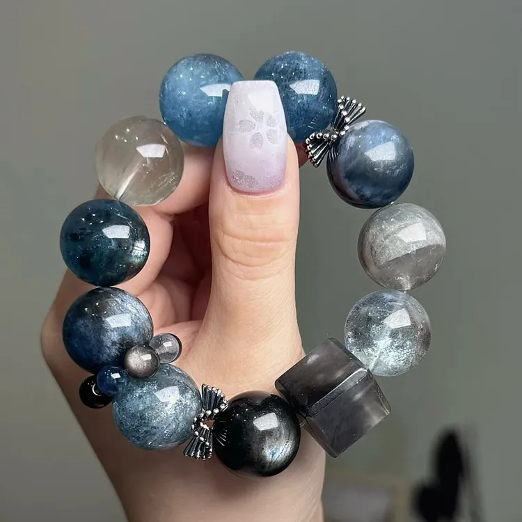 海蓝宝石（处理）原创*星空*黑爆闪海蓝宝手串女礼物小众多样性发一