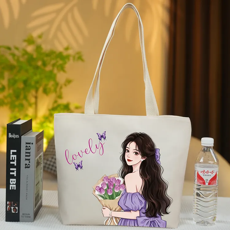 紫衣女孩百搭时尚大容量帆布包学生补习上班通勤妈咪大容量单肩包