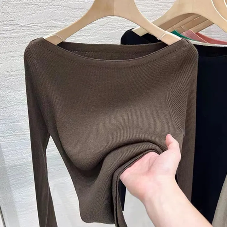 纯欲风一字肩露肩长袖针织衫女春秋别致绝美内搭打底衫设计感上衣