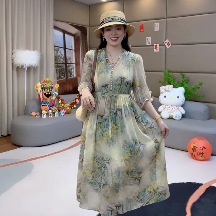 【火火精选】“绿野仙踪”法式洋气温婉大方慵懒风桑蚕丝连衣裙 80011