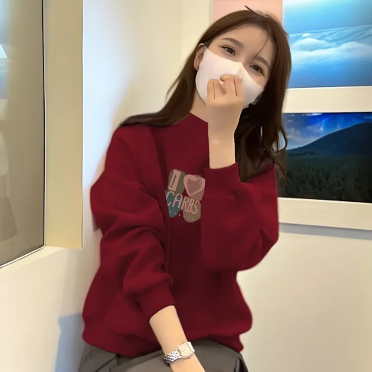 即墨保暖半高领打底衫加绒卫衣女秋冬2025新款爆款酒红色长袖上衣