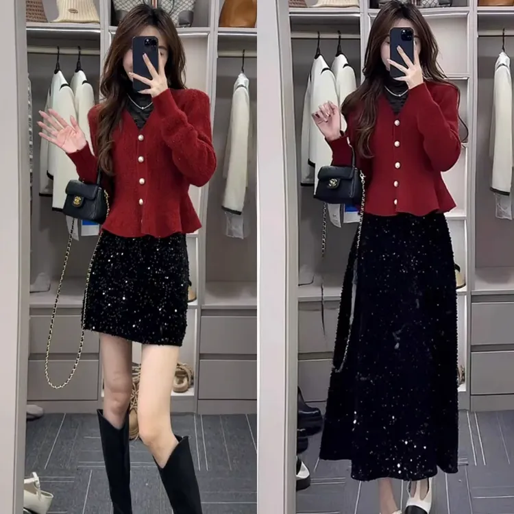 2025年新款女装套装秋冬小香风气质红色针织毛衣亮片半身裙两件套