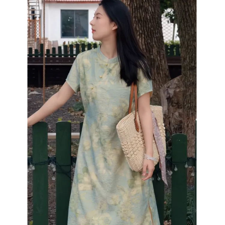 云期一梦【栀子花开】冰裂纹浮光锦~腋下不走光!新中式改良旗袍裙~