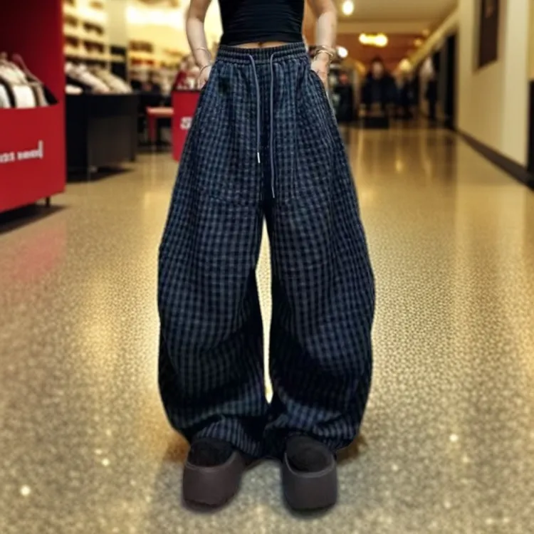 夏季日系格子阔腿裤休闲时尚宽松千金贵气名媛清冷2025炸街阔腿裤