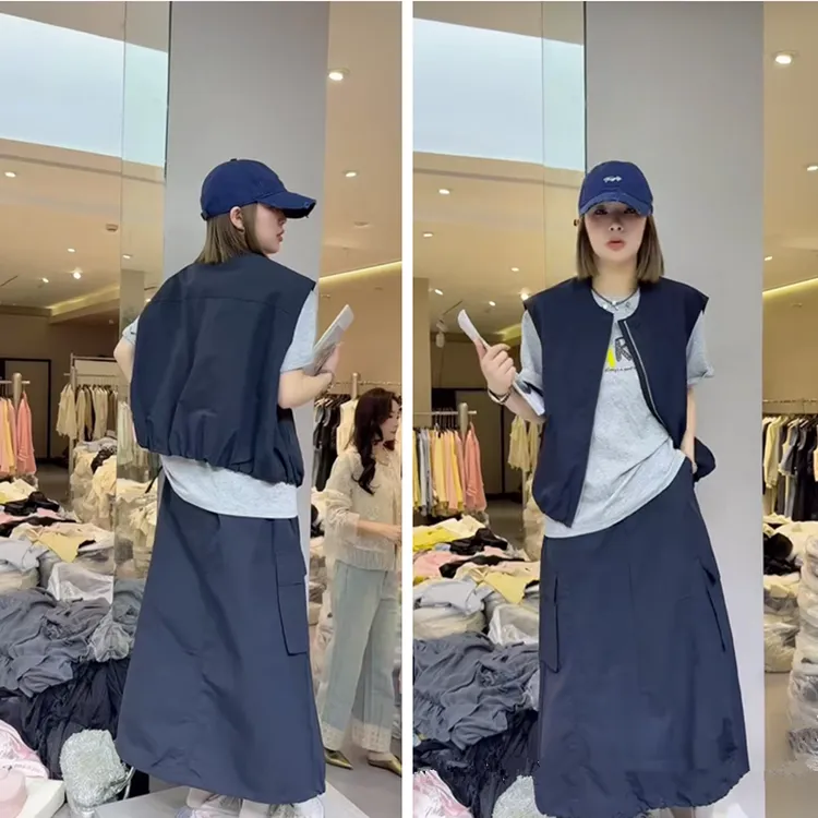 欧货高级感工装风运动休闲套装裙无袖马甲背心双口袋半身裙两件套