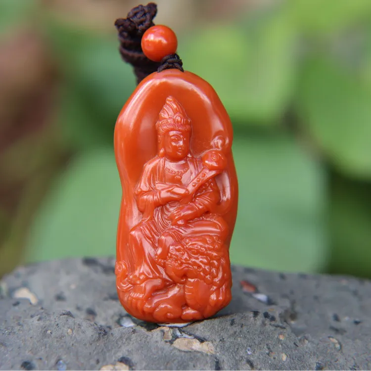 凉山南红柿子红文殊菩萨挂件