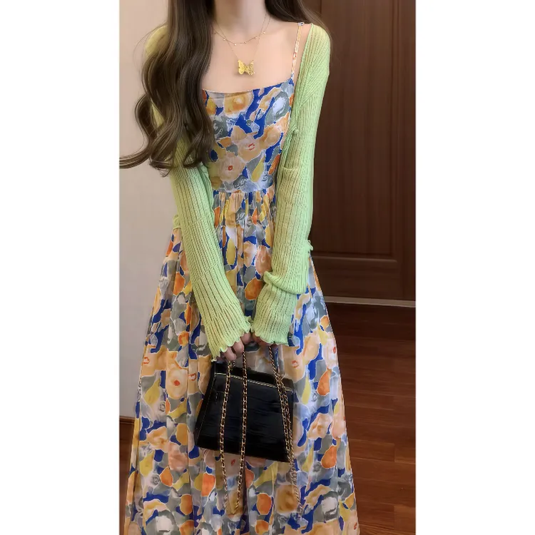 法式温柔油画晕染印花吊带连衣裙收腰气质长裙&防晒空调开衫9478