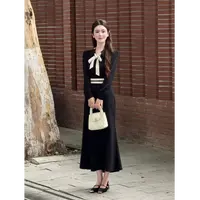 【格林千金】LiLi法式复古风波点领结鱼尾黑色连衣裙XMZH8880 