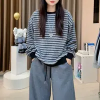 秋季新款韩版休闲宽松上衣拼接长袖条纹圆领打底衫女B236