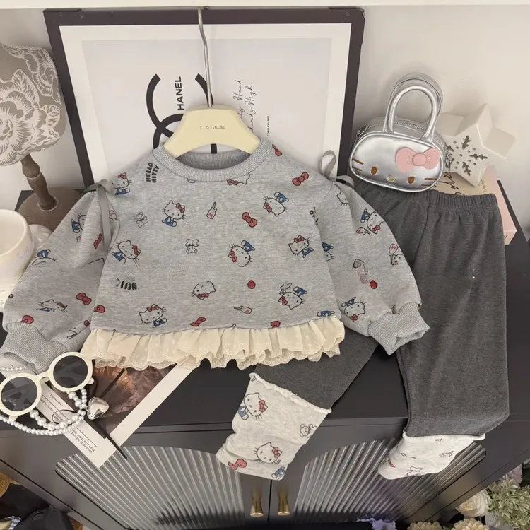 女童印花长袖T恤裤子两件套春秋女宝宝卡通圆领卫衣打底裤套装