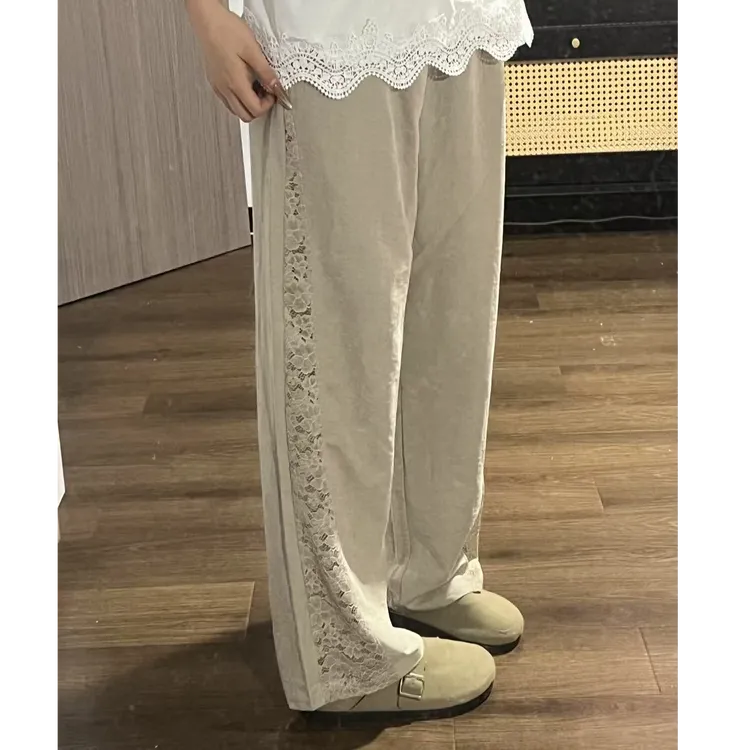 小众镂空设计感蕾丝边显瘦休闲阔腿裤#663