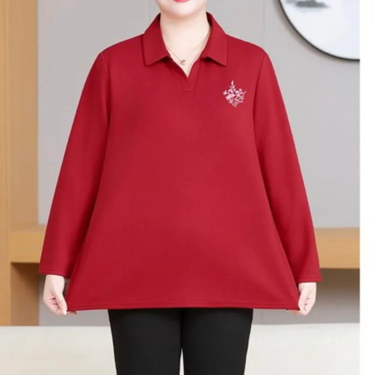 大码妈妈翻领-秋冬妈妈婆婆装加肥加大气质打底衫