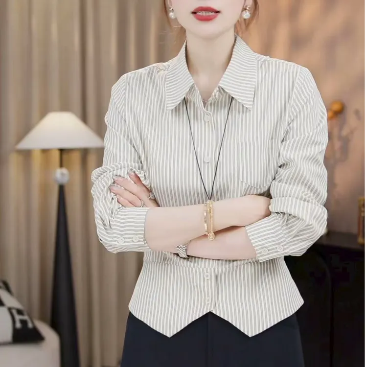 秋季衬衫百搭单排多扣长袖打底韩版条纹翻领显瘦时尚气质上衣