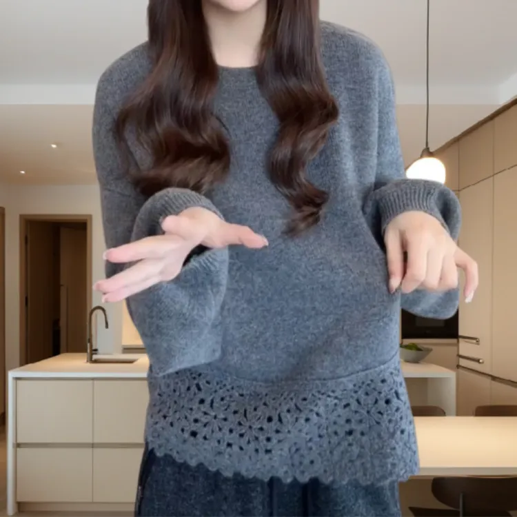 气质慵懒风宽松设计感超好看下摆钩花镂空软糯毛衣LK2508305