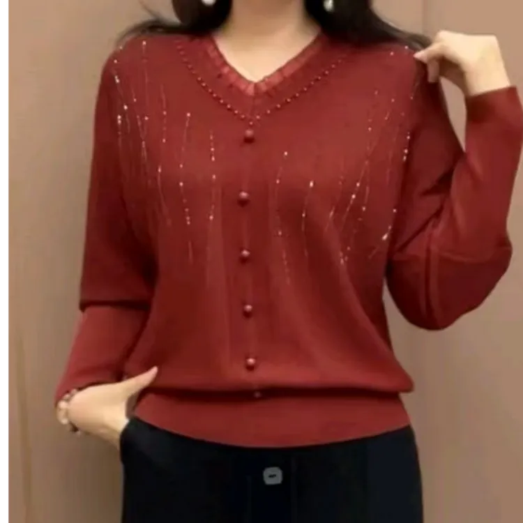 中老年新款时尚V领针织衫洋气