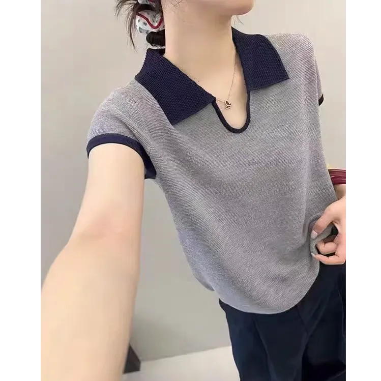 【现货】莱赛尔天丝polo领撞色针织短袖上衣女夏季新时尚63520