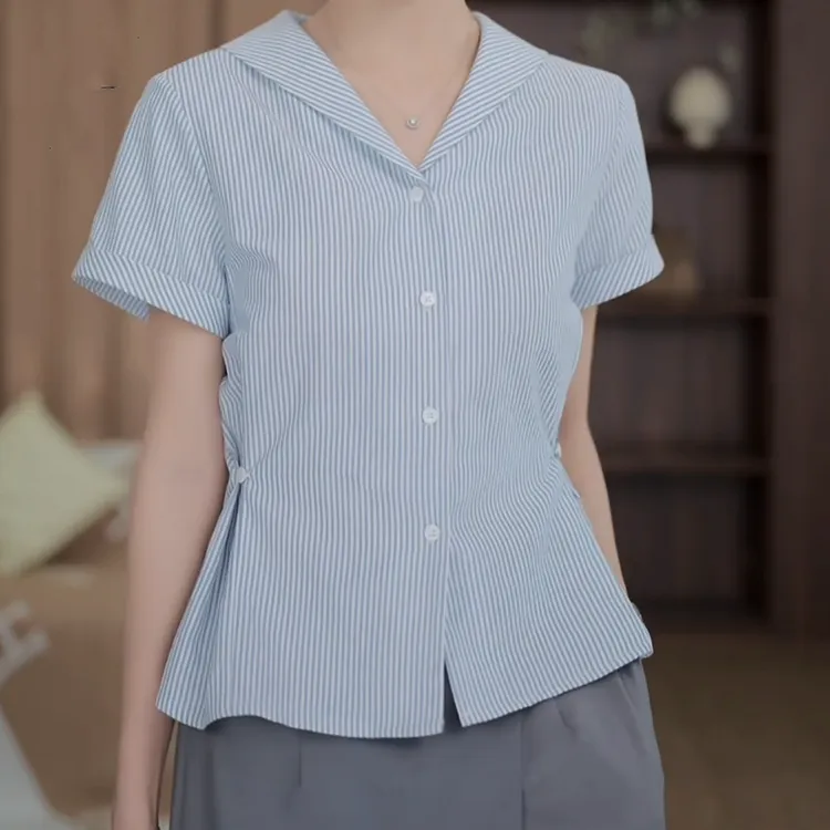 【纸片人】轻奢气质条纹短袖衬衫显瘦百搭上衣