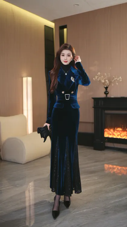 罗曼定制  原创高定礼服高腰丝绒连衣裙秋冬时尚网纱鱼尾裙