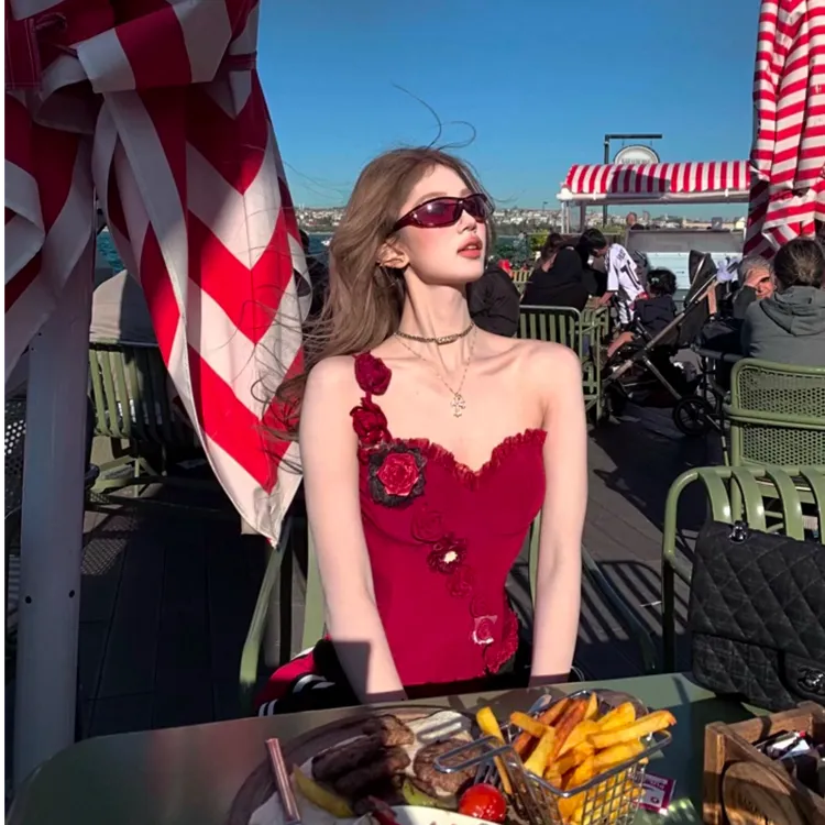 美式辣妹蕾丝花朵鱼骨吊带背心女夏季性感纯欲风收腰显瘦抹胸上衣