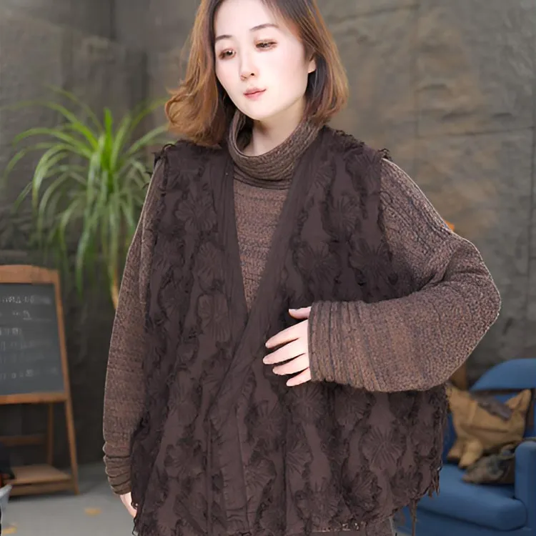 【亚麻提花马甲】提花刺绣马甲宽松型V领常规款马夹上衣流苏保暖