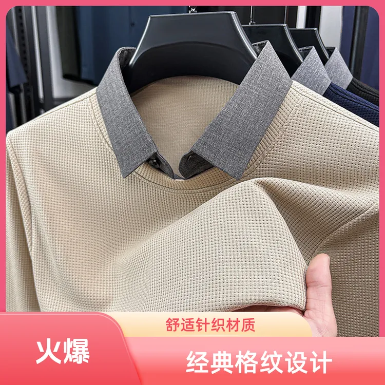 高档新款长袖polo针织衫针织潮流韩版衬衫领春秋立领华夫格春秋